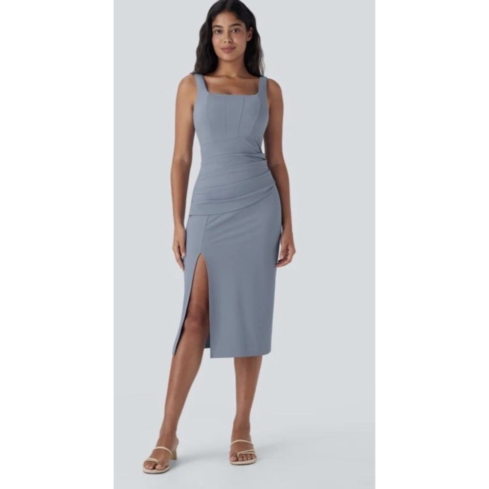 NWT Halara Softlyzero Airy Corset Ruched Blue Bodycon Midi Dress Size XL